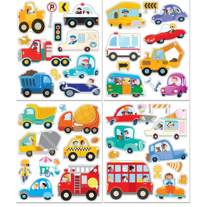 Sheets of colorful reusable stickers featuring cars, trucks, buses, and construction vehicles