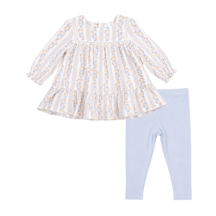Girls floral long sleeve dress with blue leggings set, vintage stripe print outfit for toddlers