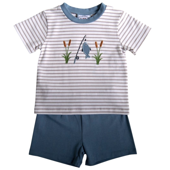 Boys striped short sleeve shirt with fishing rod and fish appliqué paired with solid blue shorts on a white background.