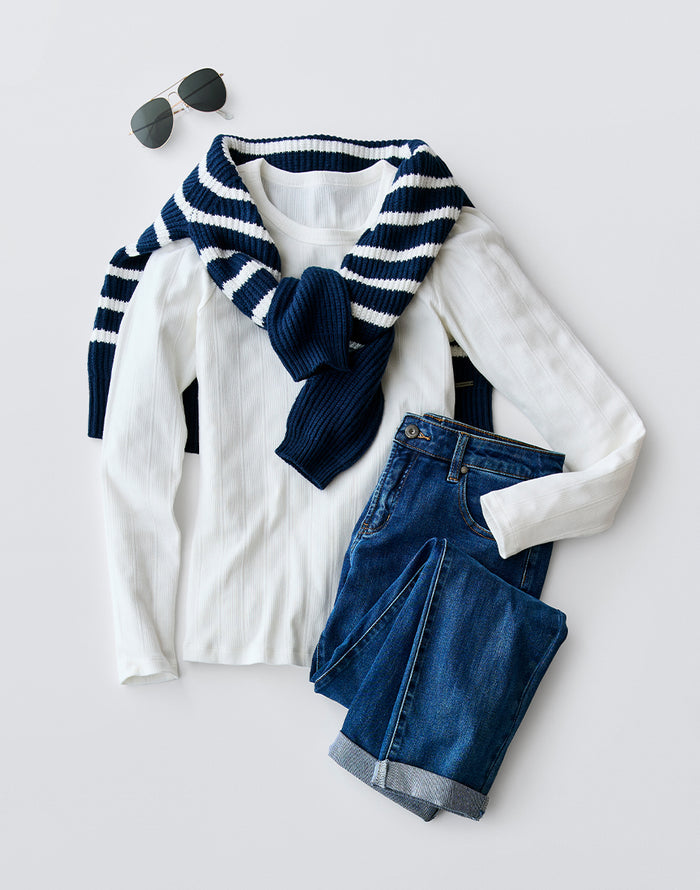 Cayden Crew Sweater: Navy Stripe - FINAL SALE