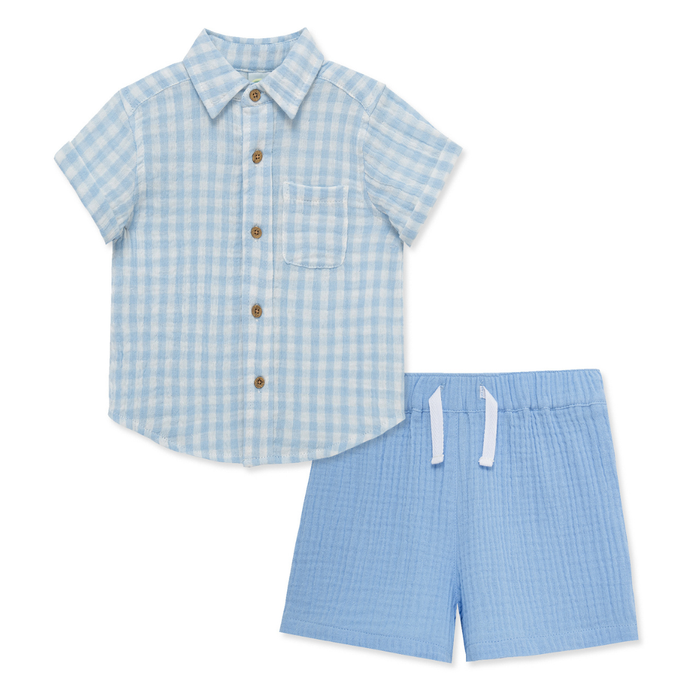 Light blue gingham short sleeve button-up shirt with matching blue elastic waist shorts for toddler boy.