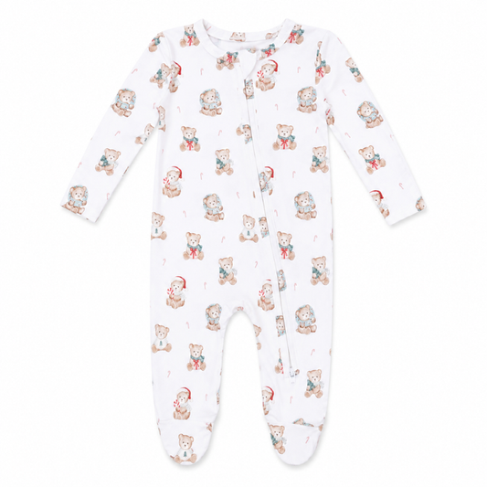 Christmas teddy bear baby footie with zipper closure and footed design on neutral background