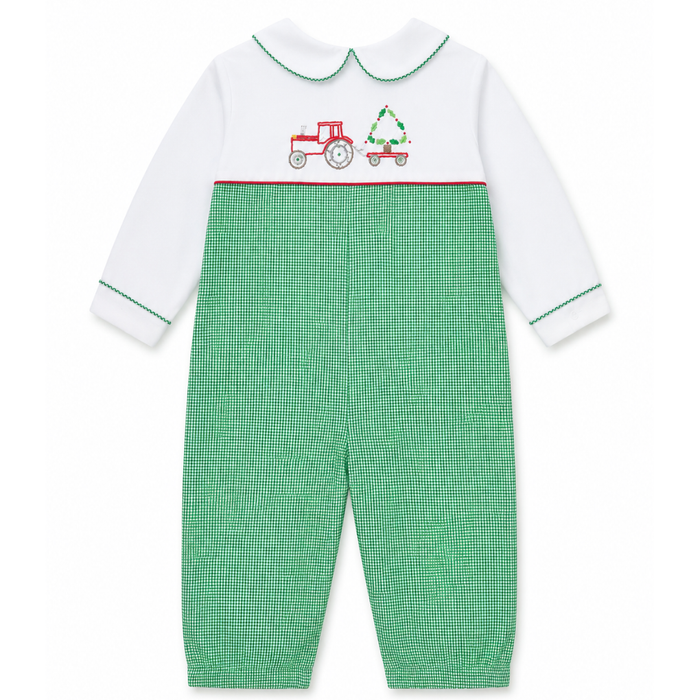 Baby boy green  houndstooth Christmas longall with hand-smocked red tractor pulling a Christmas tree and white Peter Pan collar.