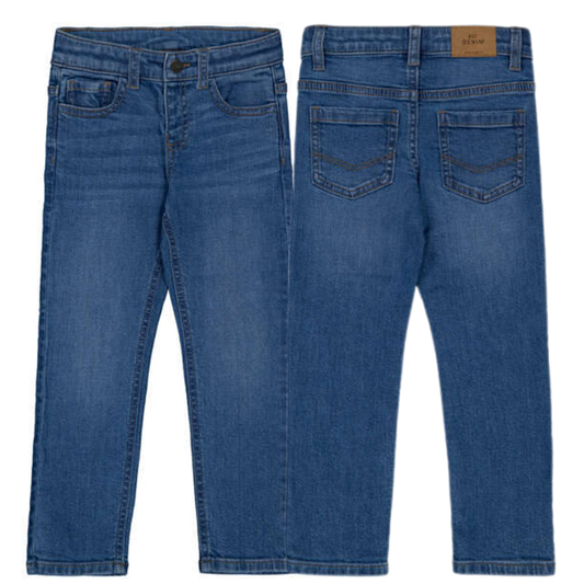 Front and back view of Mayoral boys' slim fit medium wash blue jeans with classic five-pocket styling and straight leg.