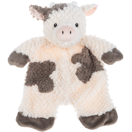 Cream and brown flat-a-pat cow plush with soft textured fabric, floppy arms and legs, and an embroidered face.