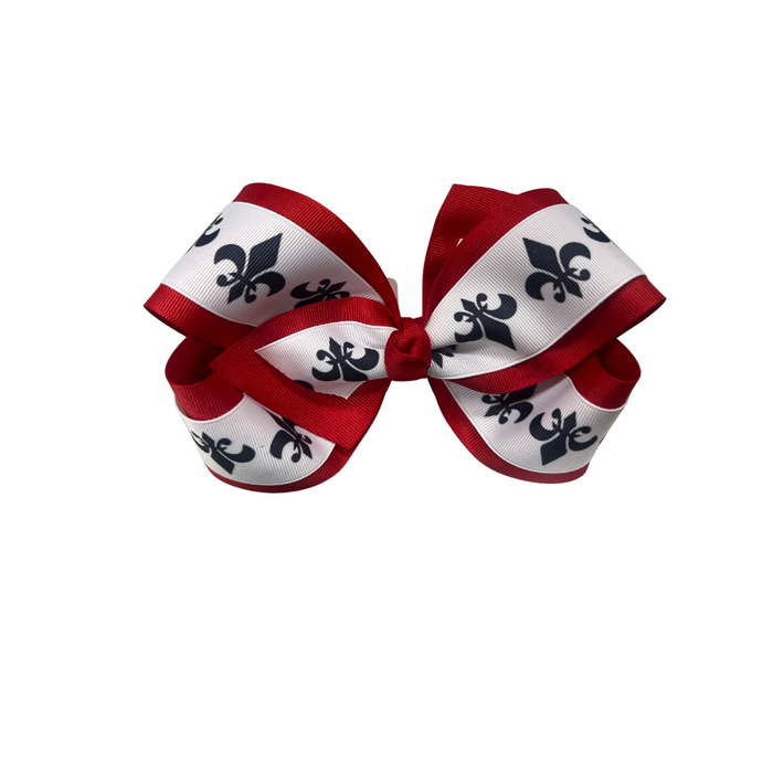 red bow with a white ribbon on top and black fleur de lis