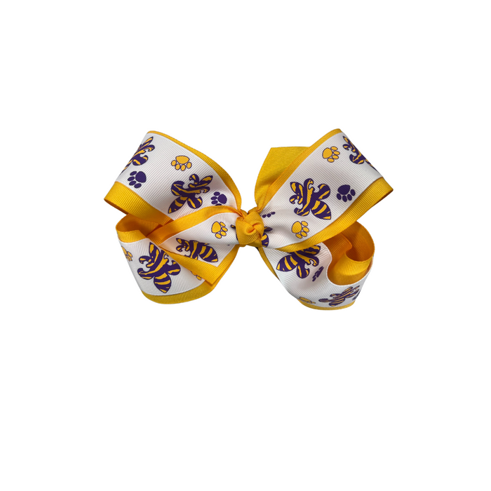 yellow bow with white ribbon on top and yellow and purple tiger stripped fleur de lis and yellow and purple paw prints.