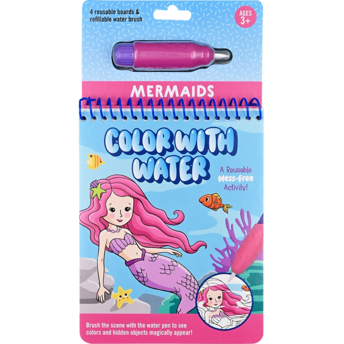 Color with Water Activity Book for kids, reusable mess-free coloring with included water brush. Mermaid pages