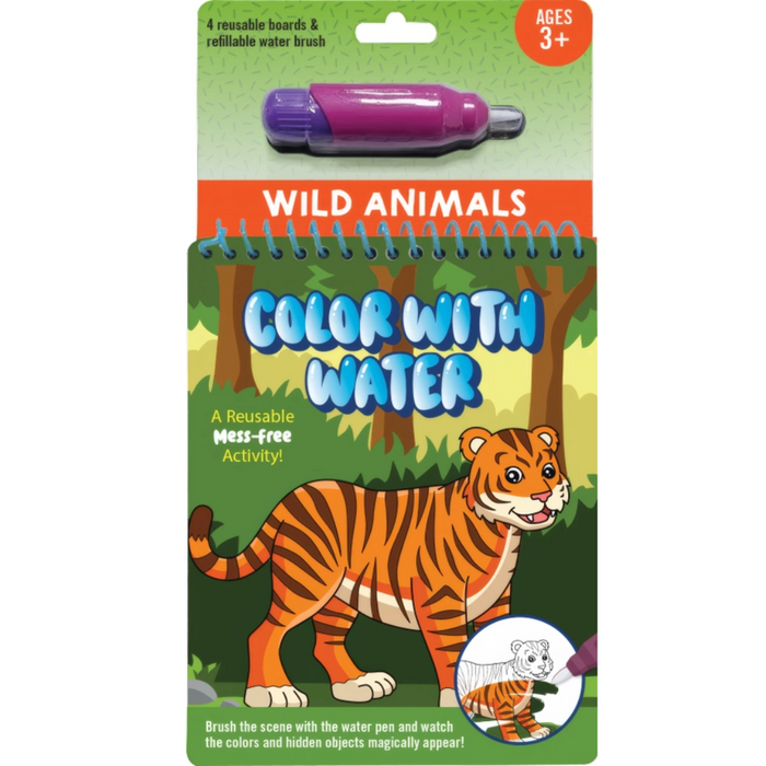 Color with Water Activity Book for kids, reusable mess-free coloring with included water brush. Animal pages
