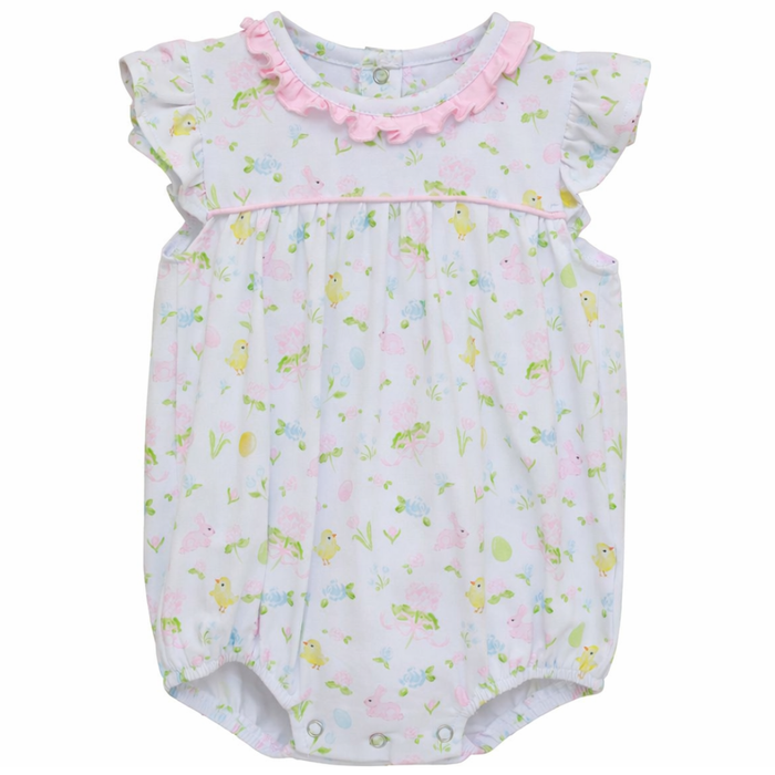 Baby girl white bubble romper with pastel bunny and chick print, flutter sleeves, pink ruffle neckline, and snap closures on white background.