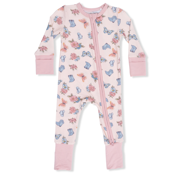 baby convertible romper sleeper in pink with cowgirl print, boots, hat and flowers