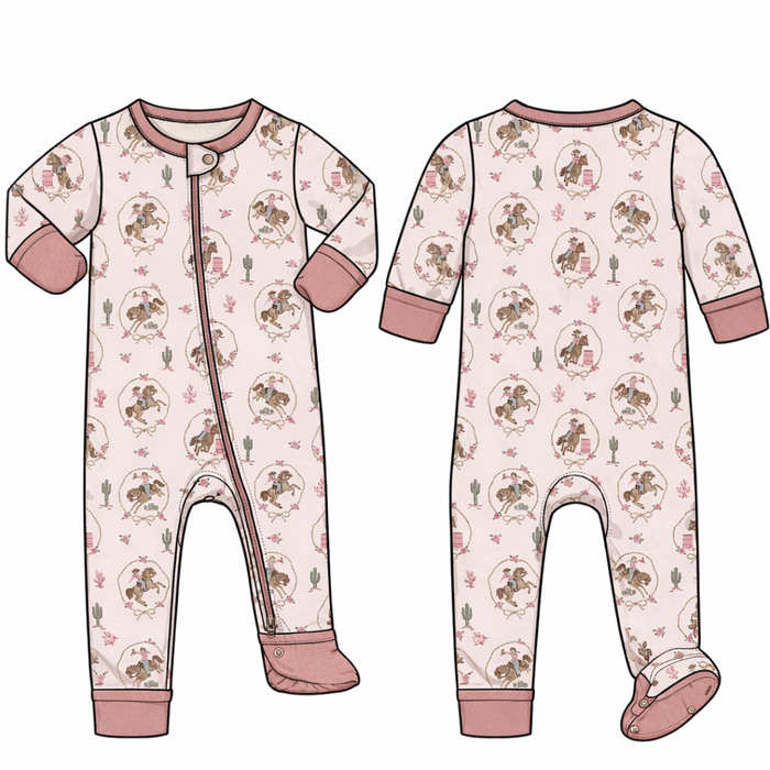Pink convertible baby romper with cowgirl cameo print, fold-over mittens and foot cuffs, long sleeve zipper sleeper