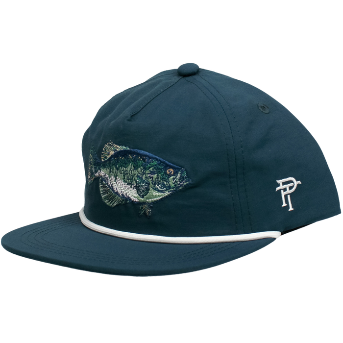Boys teal snapback hat with embroidered crappie fish and rope detail on brim.
