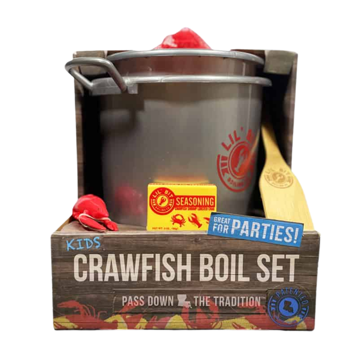 Kids crawfish boil play set with metal bucket, wooden paddle, toy crawfish, and seasoning box in rustic display packaging.