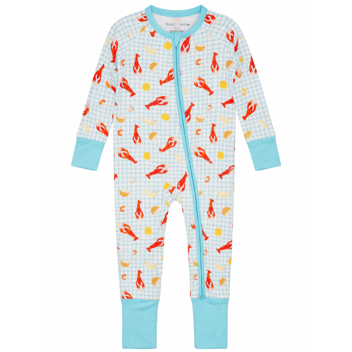 Blue gingham baby zip pajama with red crawfish, corn, and lemon print and aqua trim.