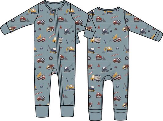 Blue baby romper with construction trucks and cranes print, long sleeve zipper sleeper for baby boy