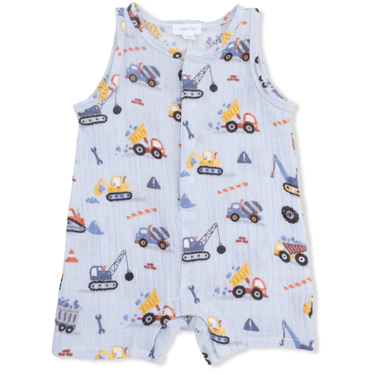 sleeveless muslin baby boy shortie romper with construction vehicle print on a light blue background