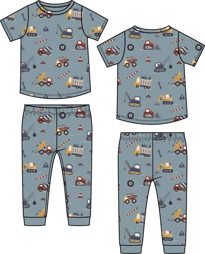 Boys construction truck loungewear set with short sleeve top and matching pants in blue print