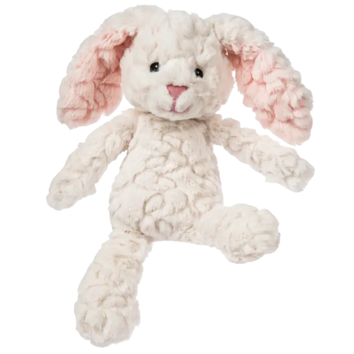 Cream plush bunny stuffed animal with soft textured fabric, floppy ears with pink lining, and a gentle embroidered face