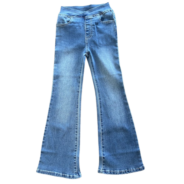 medium wash flared denim pull on  jean with crisscross waistband front view
