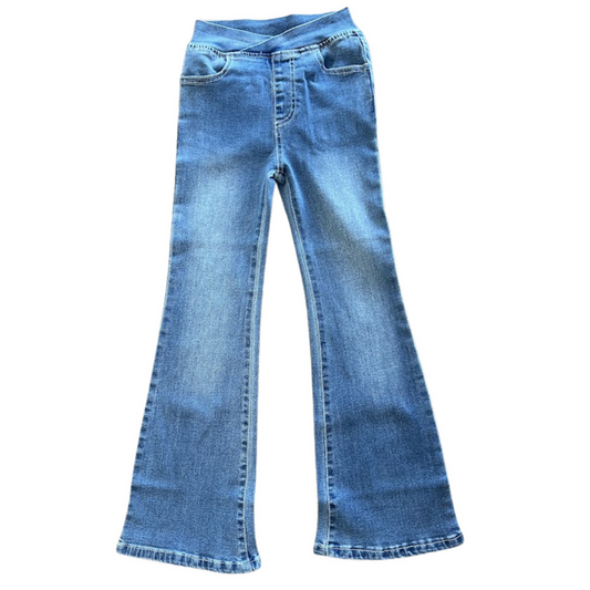 medium wash flared denim pull on  jean with crisscross waistband front view