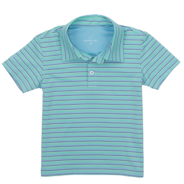 Boys blue and green striped short sleeve polo shirt with collar and button placket.