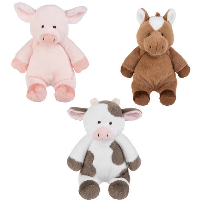 Three soft cow, pig, and horse plushies.