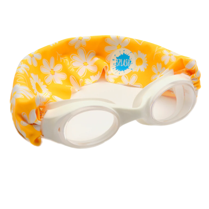 Yellow kids swim goggles with white daisy print strap and clear lenses on white background.