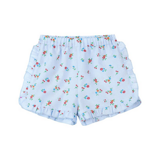 Girls blue gingham floral shorts with ruffle trim and elastic waistband