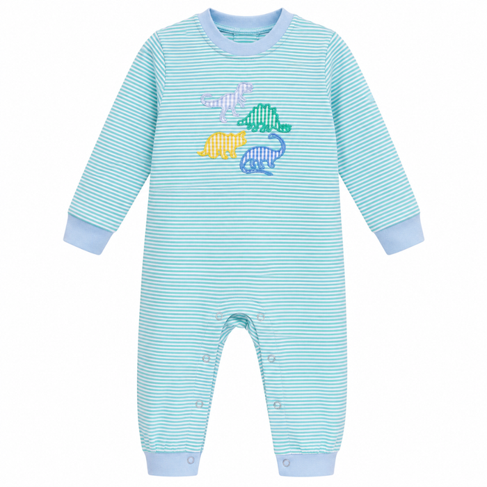 Baby boy green striped romper with dinosaur appliqué and blue trim, featuring long sleeves and snap closures.