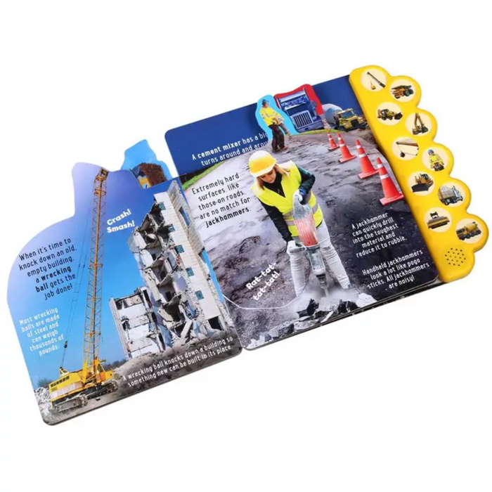 Inside spread featuring jackhammer and wrecking ball with sound effects.