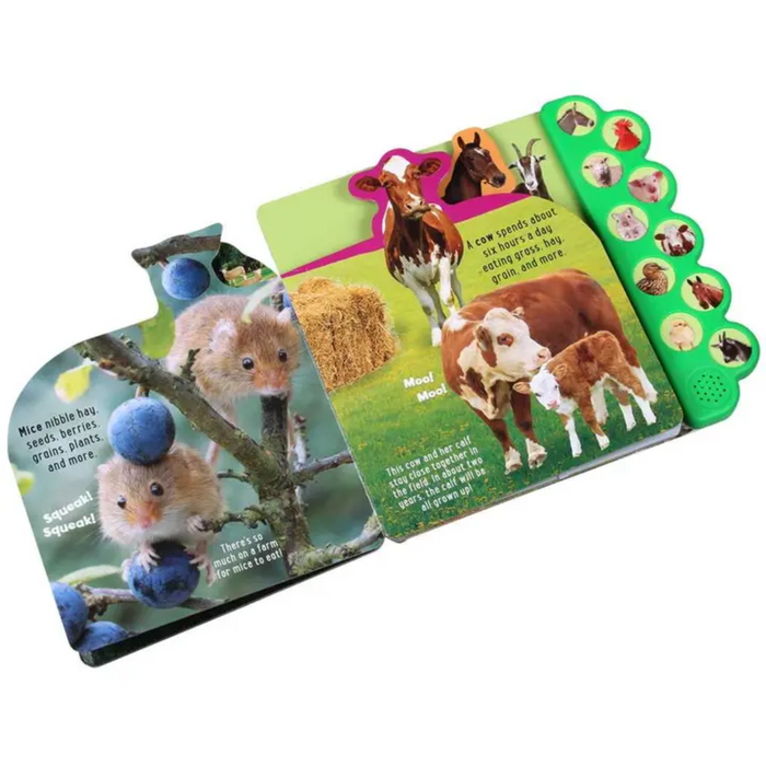 Pages showing mice and cows with fun sound and learning prompts.