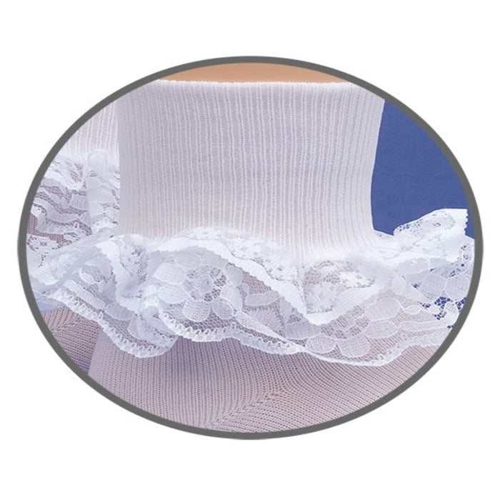 Girls dressy lace socks with floral pattern and turn cuff design, made from a soft cotton blend for special occasions.