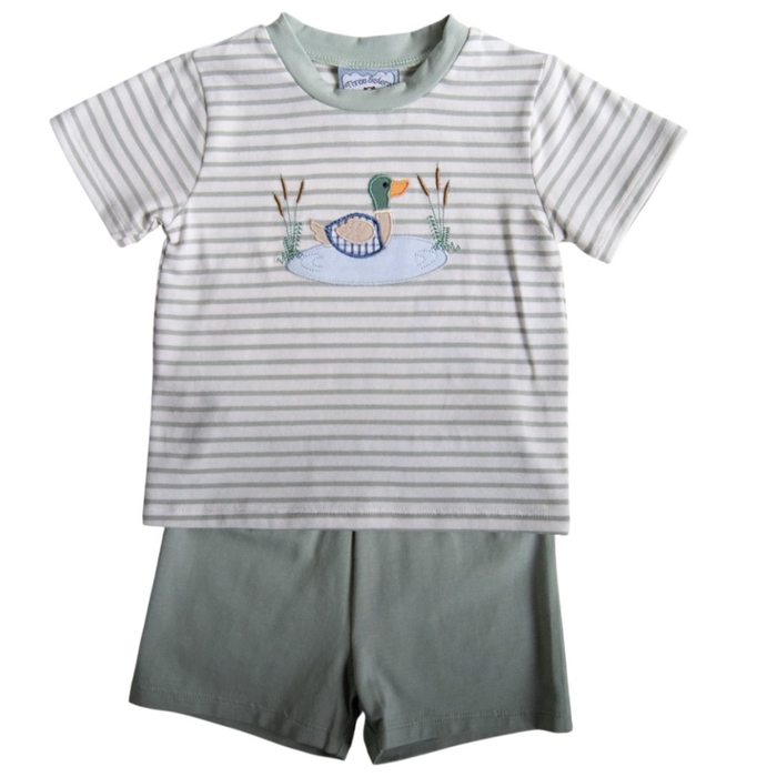 Boys striped short sleeve shirt with duck appliqué paired with solid sage green shorts on a white background.