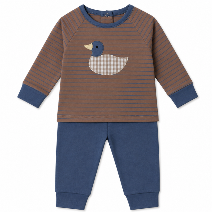 Baby boy outfit with brown striped top featuring duck appliqué and blue jogger pants