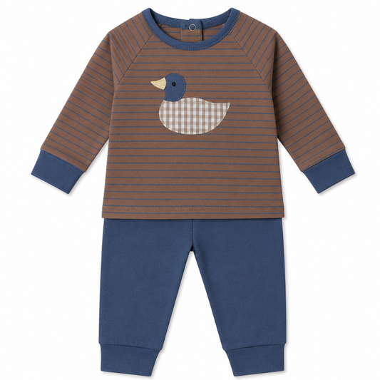 Baby boy outfit with brown striped top featuring duck appliqué and blue jogger pants