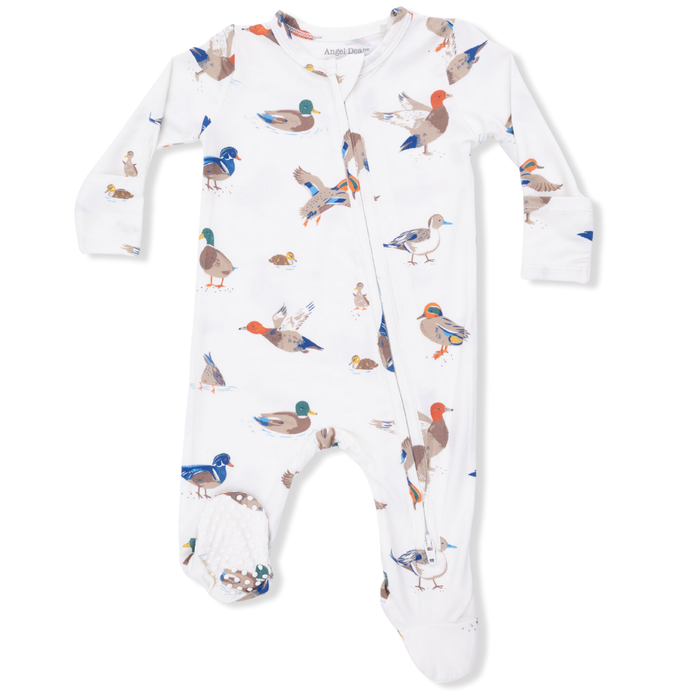 baby footie with two way zipper and mallard duck print on white