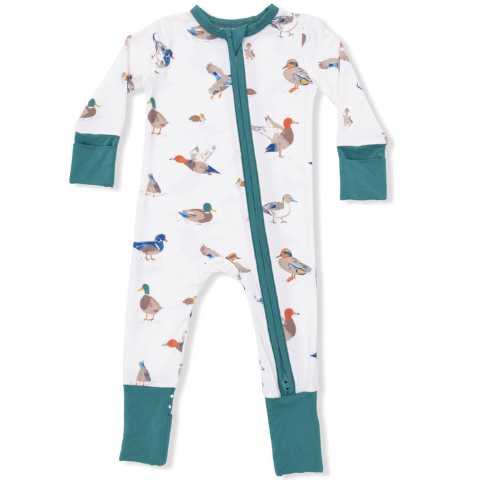 children's convertible sleeper romper, white with teal trim, 2 way zipper, mallard duck print