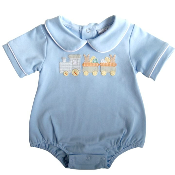 Light blue boys bubble with Peter Pan collar and embroidered Easter train with bunnies displayed on a white background.