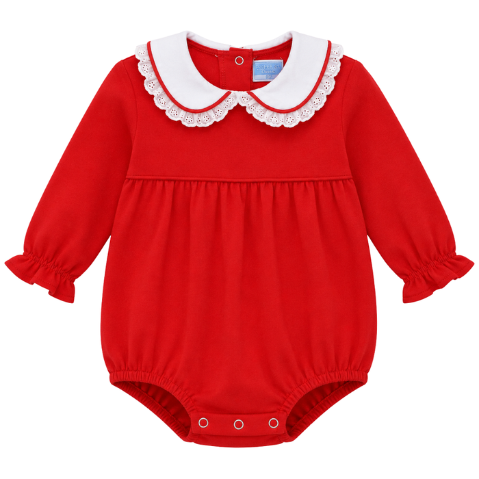 Baby girl red bubble romper with white lace Peter Pan collar and long sleeves, featuring snap closure for easy changes.