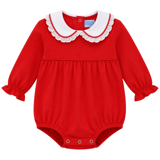 Baby girl red bubble romper with white lace Peter Pan collar and long sleeves, featuring snap closure for easy changes.