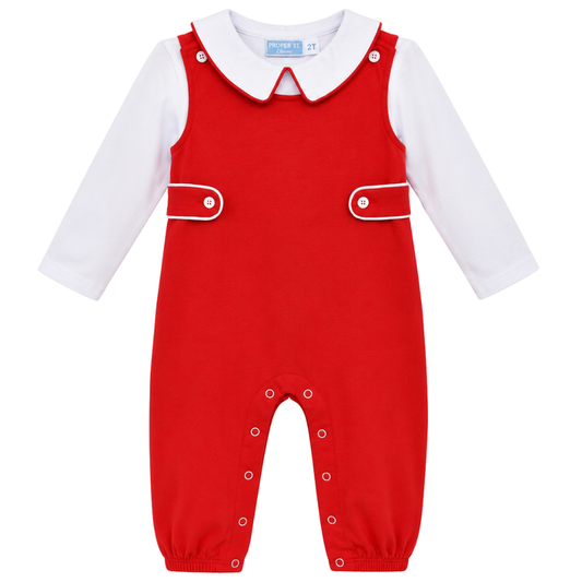 Baby boy red Jon Jon with white long sleeve shirt and Peter Pan collar, featuring button tab details and snap closures.