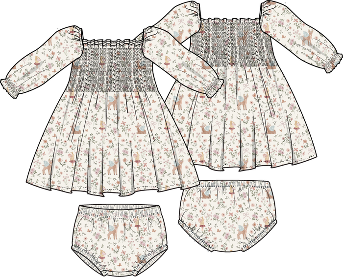 Baby girl smocked dress with woodland deer and floral print, long sleeve dress with matching bloomers