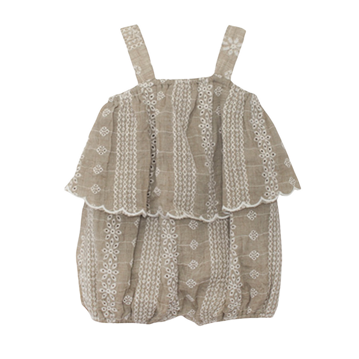 Espresso brown eyelet baby bubble romper with ruffle overlay and shoulder straps on white background