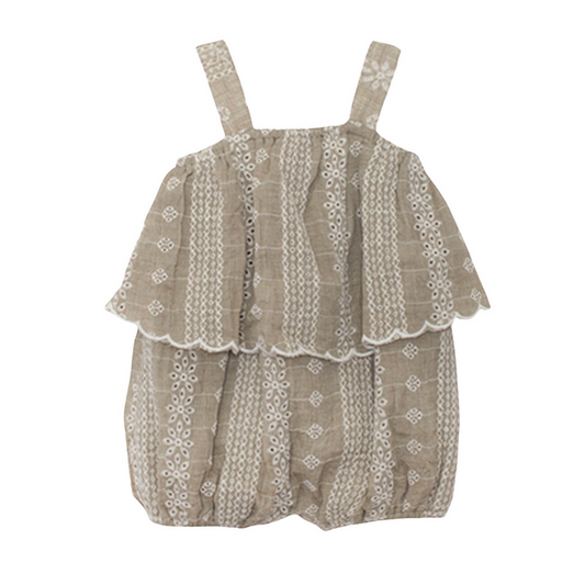 Espresso brown eyelet baby bubble romper with ruffle overlay and shoulder straps on white background