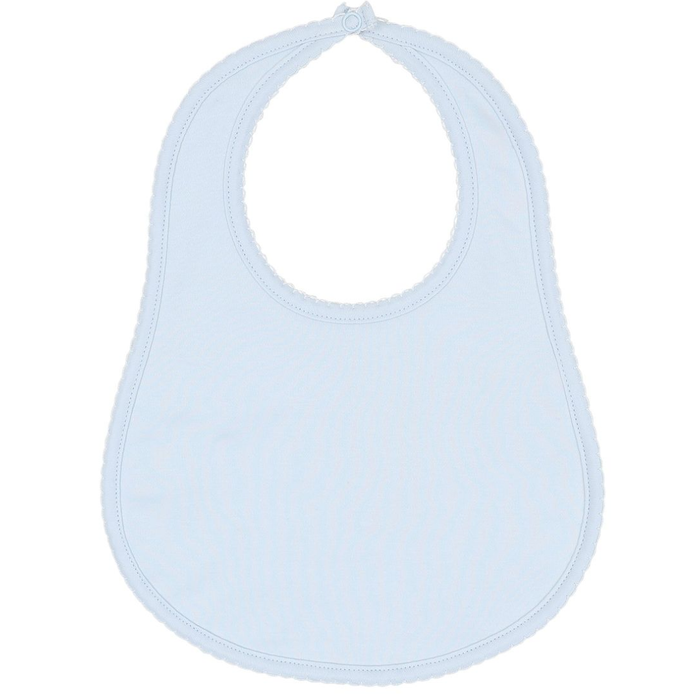 blue rounded baby bib with picot trim
