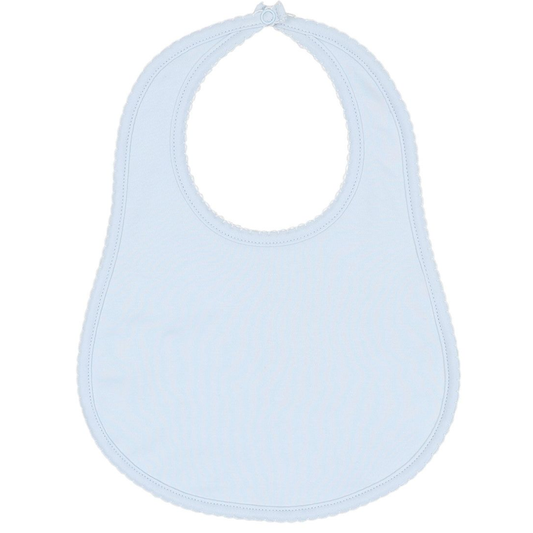 blue rounded baby bib with picot trim
