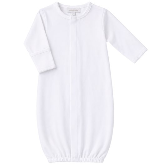 Magnolia Baby Essentials Solid White Converter Gown for newborns on a white background