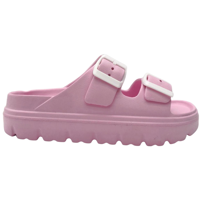 Pink girls EVA double buckle sandals with white buckles and chunky sole.