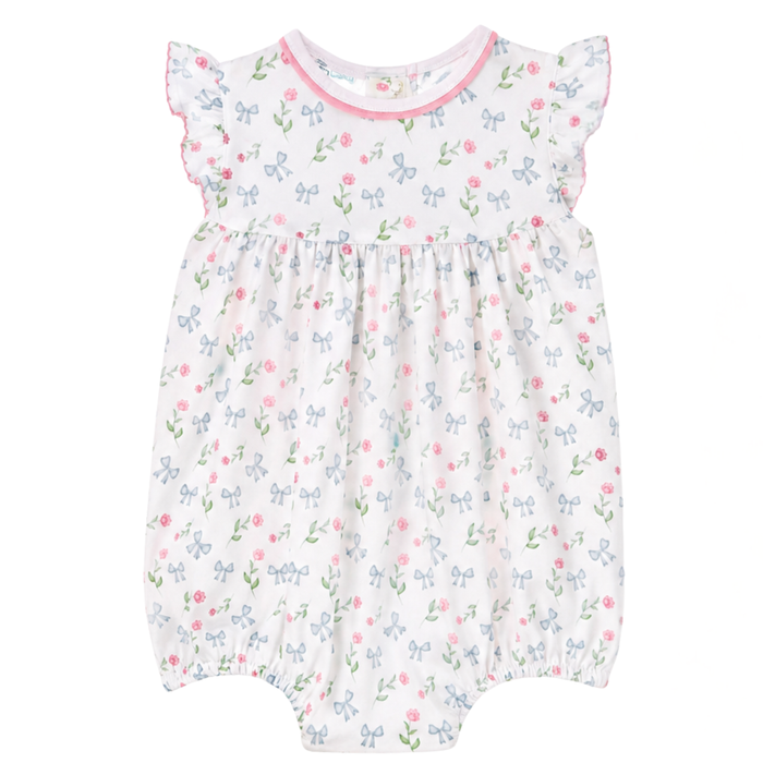 Baby girl sky blue bow and floral bubble romper with flutter sleeves on white background